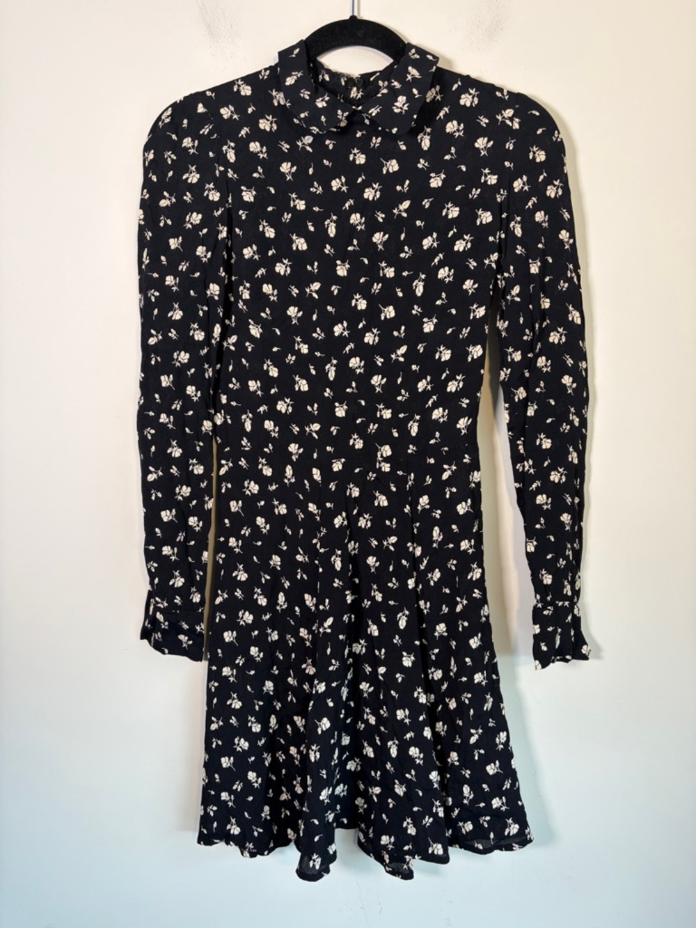 Reformation Floral Collared Long Sleeve Mini Dress in Black/Cream - S